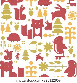 Autumn seamless pattern with cute cartoon forest elements, animals, seeds and leaves, vector illustration in flat style. 