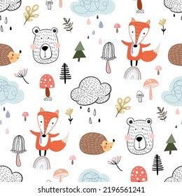 Autumn seamless pattern, cute childish background design with woodland animals , seasonal vegetation