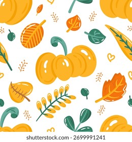 Autumn seamless pattern with cute colorful pumpkin and leaves. Cartoon fall elements for fabric, textile, wrapping paper, wallpaper. Fall vector illustration.