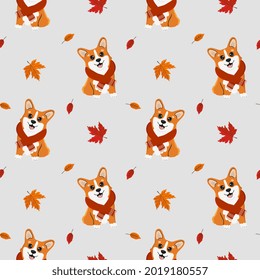 Autumn Seamless Pattern With Cute Corgi Dog In A Scarf And Leaves. Baby Texture For Fabric, Wrapping, Textile, Wallpaper, Clothing. Funny Little Doggy. 