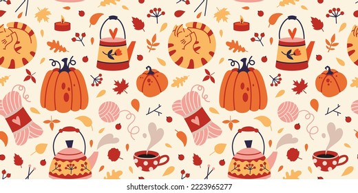 Autumn seamless pattern with cute cozy elements on a light background, cartoon style. Trendy modern vector illustration hand drawn, flat 