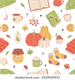 Autumn seamless pattern. Cute and cozy seasonal objects. Flat, hand drawn texture for wallpaper, textile, fabric, paper. Vector illustration in flat style