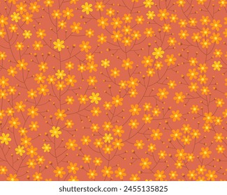 Autumn seamless pattern. Cute delicate simple pattern with small flowers and buds. Summer pattern. Vector pattern for design and fashion prints. Boho style. Yellow flowers on a brown background.