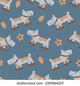 Autumn seamless pattern with cute dog. Funny pets background with adorable dog in boots, leaves, flowers. Fall cozy canine repeat vector illustration