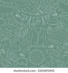 Herbst nahtloses Muster mit süßen Doodles auf grünem Hintergrund. Thanksgiving-Wiederholungstapete, Stoffdruck, Scrapbooking, stationär, Hintergründe, Abdeckungen, Banner usw. EPS 10