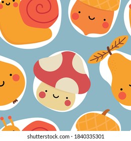Autumn seamless pattern, cute drawing cartoon characters, vector set of autumn, acorn, snail, pumpkin, pear, mushroom, pine tree. nursery seamless pattern, scandinavian thanksgiving day