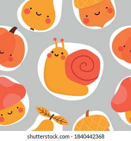 Autumn seamless pattern, cute drawing cartoon characters, vector set of autumn, acorn, snail, pumpkin, pear, mushroom, pine tree. nursery seamless pattern, scandinavian thanksgiving day