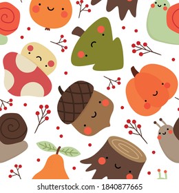 Autumn seamless pattern, cute drawing cartoon characters, vector set of autumn, acorn, snail, pumpkin, pear, mushroom, pine tree. nursery seamless pattern, scandinavian thanksgiving day