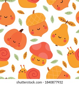 Autumn seamless pattern, cute drawing cartoon characters, vector set of autumn, acorn, snail, pumpkin, pear, mushroom, pine tree. nursery seamless pattern, scandinavian thanksgiving day