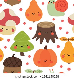 Autumn seamless pattern, cute drawing cartoon characters, vector set of autumn, acorn, snail, pumpkin, pear, mushroom, pine tree. nursery seamless pattern, scandinavian thanksgiving day