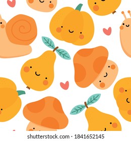 Autumn seamless pattern, cute drawing cartoon characters, vector set of autumn, acorn, snail, pumpkin, pear, mushroom, pine tree. nursery seamless pattern, scandinavian thanksgiving day