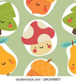 Autumn seamless pattern, cute drawing cartoon characters, vector set of autumn, acorn, snail, pumpkin, pear, mushroom, pine tree. nursery seamless pattern, scandinavian thanksgiving day