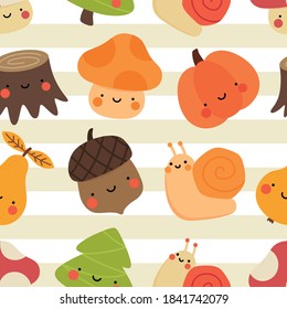 Autumn seamless pattern, cute drawing cartoon characters, vector set of autumn, acorn, snail, pumpkin, pear, mushroom, pine tree. nursery seamless pattern, scandinavian thanksgiving day