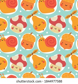 Autumn seamless pattern, cute drawing cartoon characters, vector set of autumn, acorn, snail, pumpkin, pear, mushroom, pine tree. nursery seamless pattern, scandinavian thanksgiving day