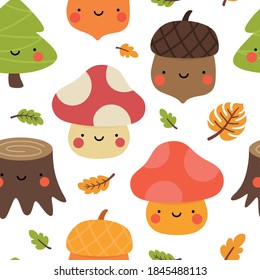 Autumn seamless pattern  cute drawing cartoon characters  vector set autumn  acorn  snail  pumpkin  pear  mushroom  pine tree  nursery seamless pattern  scandinavian thanksgiving day