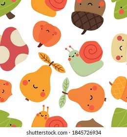 Autumn seamless pattern, cute drawing cartoon characters, vector set of autumn, acorn, snail, pumpkin, pear, mushroom, pine tree. nursery seamless pattern, scandinavian thanksgiving day