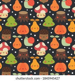 Autumn seamless pattern, cute drawing cartoon characters, vector set of autumn, acorn, snail, pumpkin, pear, mushroom, pine tree. nursery seamless pattern, scandinavian thanksgiving day