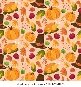 Autumn seamless pattern, cute fall cartoon texture design with halloween and thanksgiving day symbols. Funny background for seasonal wallpaper. Vector illustration