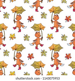 Autumn seamless pattern with cute forest animals in doodle style. Colorful vector background.
