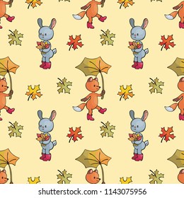 Autumn seamless pattern with cute forest animals in doodle style. Colorful vector background.