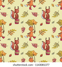 Autumn seamless pattern with cute forest animals in doodle style. Colorful vector background.