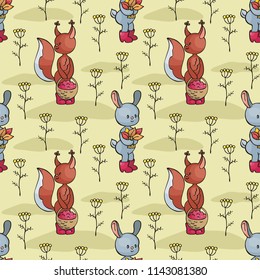 Autumn seamless pattern with cute forest animals in doodle style. Colorful vector background.