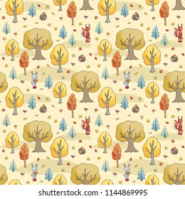Autumn seamless pattern with cute forest animals in doodle style. Colorful vector background.