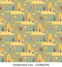 Autumn seamless pattern with cute forest animals in cartoon style. Childhood vector background.