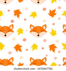 Autumn seamless pattern with a cute fox face, leaves on the white background. Vector illustration
