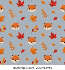 Autumn seamless pattern with cute fox and leaves. Baby texture for fabric, wrapping, textile, wallpaper, clothing. Funny little fox. 