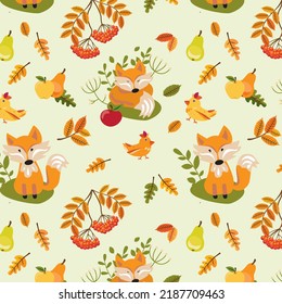 Autumn seamless pattern: cute foxes, falling leaves, birds, apples. Fall season elements wrapping paper and textile. Vector illustration