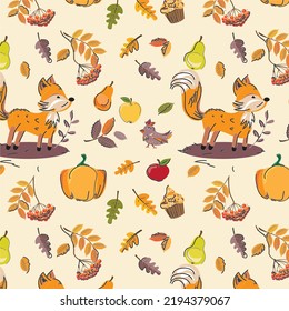 Autumn seamless pattern: cute foxes, falling leaves, birds, apples. Fall season elements wrapping paper and textile. Vector illustration