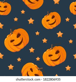 Autumn seamless pattern with cute Halloween pumpkin and stars on dark blue background. Vector cartoon illustration. Good for fabric print, wrapping paper, wallpapers, cards.