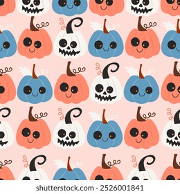 Autumn seamless pattern of cute halloween colorful pumpkins. Great for harvest festival cards, invitations, banner, textile - vector design, cartoon style illustration