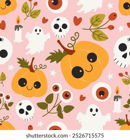 Autumn seamless pattern of cute halloween elements pumpkin, skull and spook. Great for autumn cards, invitations, banner, textile - vector design, cartoon style illustration