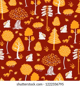 Autumn Seamless Pattern with Cute Hand Drawn Animals and Trees. 