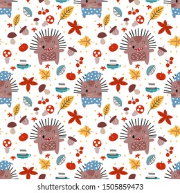 Autumn seamless pattern with cute hedgehog and forest elements in Scandinavian style. Vector Illustration. Great for nursery, baby clothes, greeting cards, wrapper.