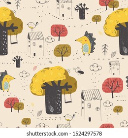 Autumn seamless pattern with cute hedgehog, oak, swing, house. Hand drawn vector illustration