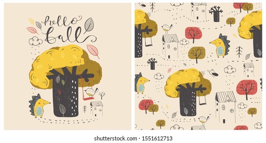Autumn seamless pattern with cute hedgehog, oak, swing, house. Hand drawn vector illustration