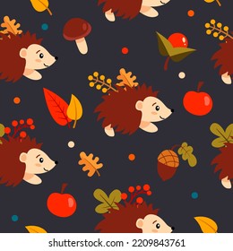 Autumn seamless pattern with cute hedgehog and leaves on a blue background. Vector illustration.