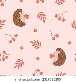 Autumn seamless pattern with cute hedgehog, red leaves and berries. Fall or woodland theme background. Suitable for decorating kids' projects. Hand drawn vector illustration. 