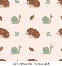 Autumn seamless pattern with cute hedgehog, snail and leaves. Fall or woodland animals theme wallpaper. Suitable for decorating kids' projects. Hand drawn vector illustration on pastel background. 