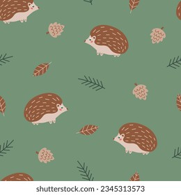 Autumn seamless pattern with cute hedgehog, leaves, cone and pine. Fall, forest or woodland theme wallpaper. Suitable for decorating kids projects. Hand drawn vector illustration on green background. 