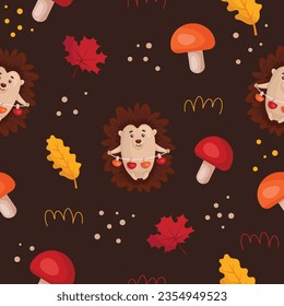 Autumn seamless pattern with cute hedgehog, leaves and mushrooms. Fall, forest or woodland theme wallpaper. Suitable for decorating kids projects. Hand drawn vector illustration on brown background.
