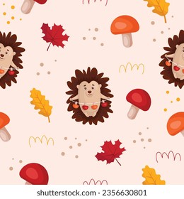 Autumn seamless pattern with cute hedgehog, leaves and mushrooms. Fall, forest or woodland theme wallpaper. Suitable for decorating kids projects. Hand drawn vector illustration on light background.