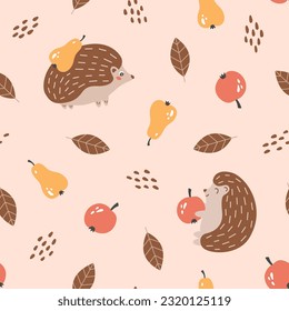 Autumn seamless pattern with cute hedgehogs, leaves, apple and pear. Fall, harvest time or woodland theme background. Suitable for decorating kids' projects. Hand drawn vector illustration. 