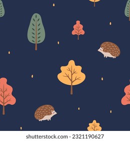 Patrón ininterrumpido de otoño con erizos adorables y árboles caídos. Animales de bosque o fondo de tema forestal. Perfecto para la decoración de los proyectos infantiles. Ilustración vectorial sobre fondo azul oscuro. 