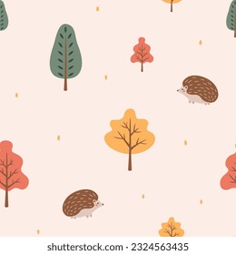 Patrón ininterrumpido de otoño con erizos adorables caminando entre árboles caídos en el bosque. Fondo temático de los animales de bosque. Perfecto para la decoración de los proyectos infantiles. Ilustración vectorial sobre fondo beige. 