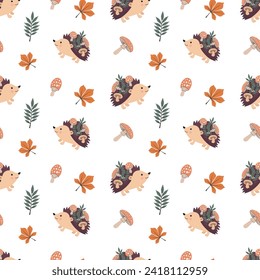 Autumn seamless pattern with cute hedgehogs, leaves and mushrooms on a white background. Childish background for fabric, wrapping paper, textile, wallpaper and apparel. Vector Illustration