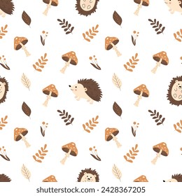 Autumn seamless pattern with cute hedgehogs, leaves and mushrooms on a white background. Childish background for fabric, wrapping paper, textile, wallpaper and apparel. Vector Illustration